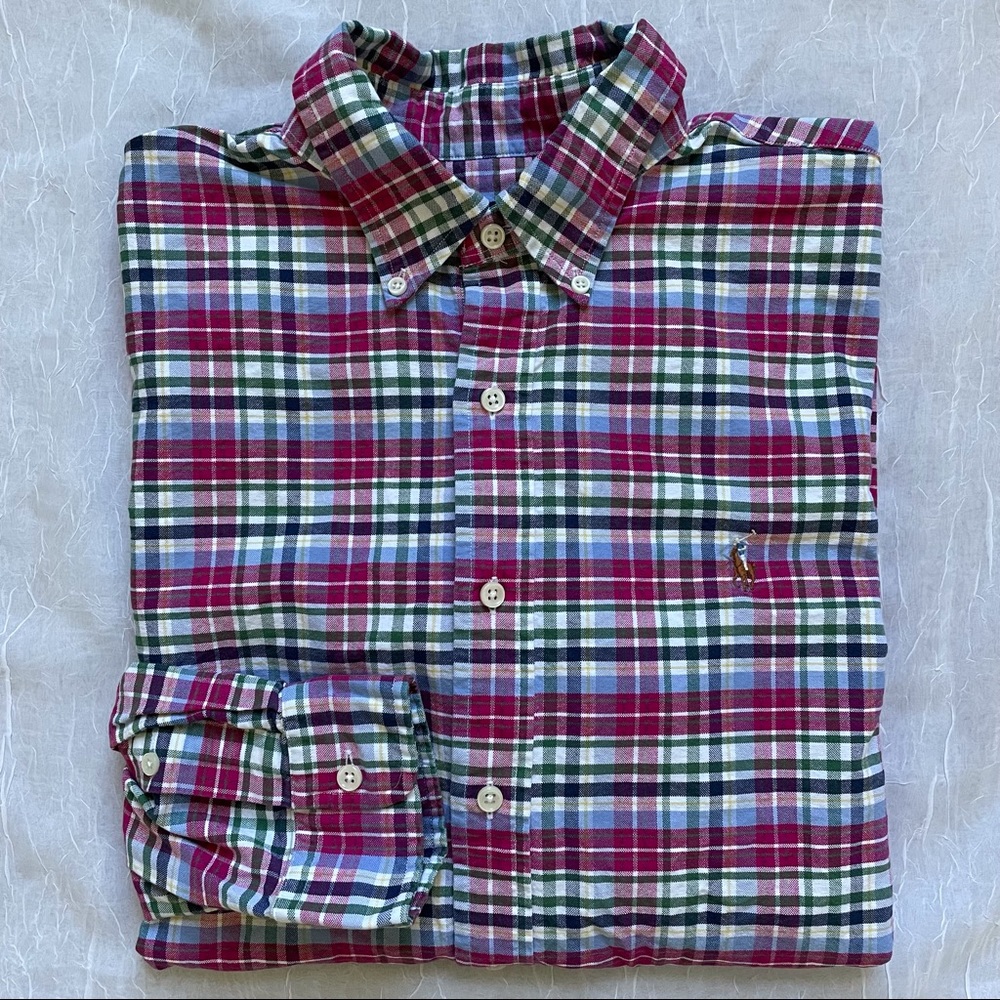 Ralph Lauren 100% Cotton Men Large Blue Pink Plaid